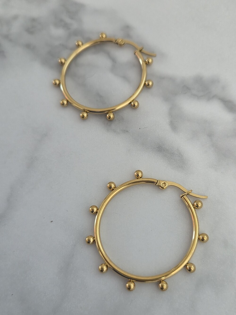 Gold Beaded Hoop Earrings Stainless Steel Studded Ball Hoops Womens Jewelry - Picture 3 of 9